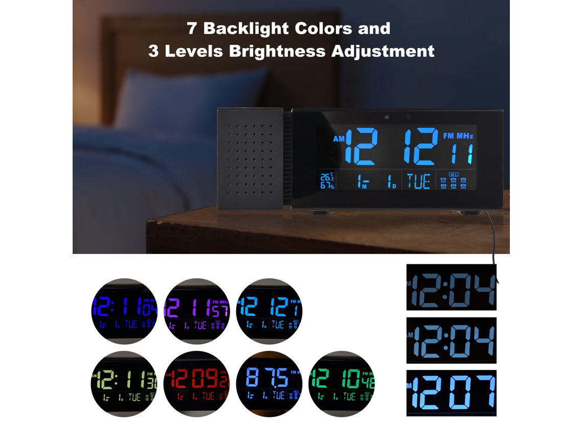 Despertador digital multifuncional Baok com visor LCD, 7 cores de luz, temperatura, umidade, rádio FM e USB para casa e escritório.