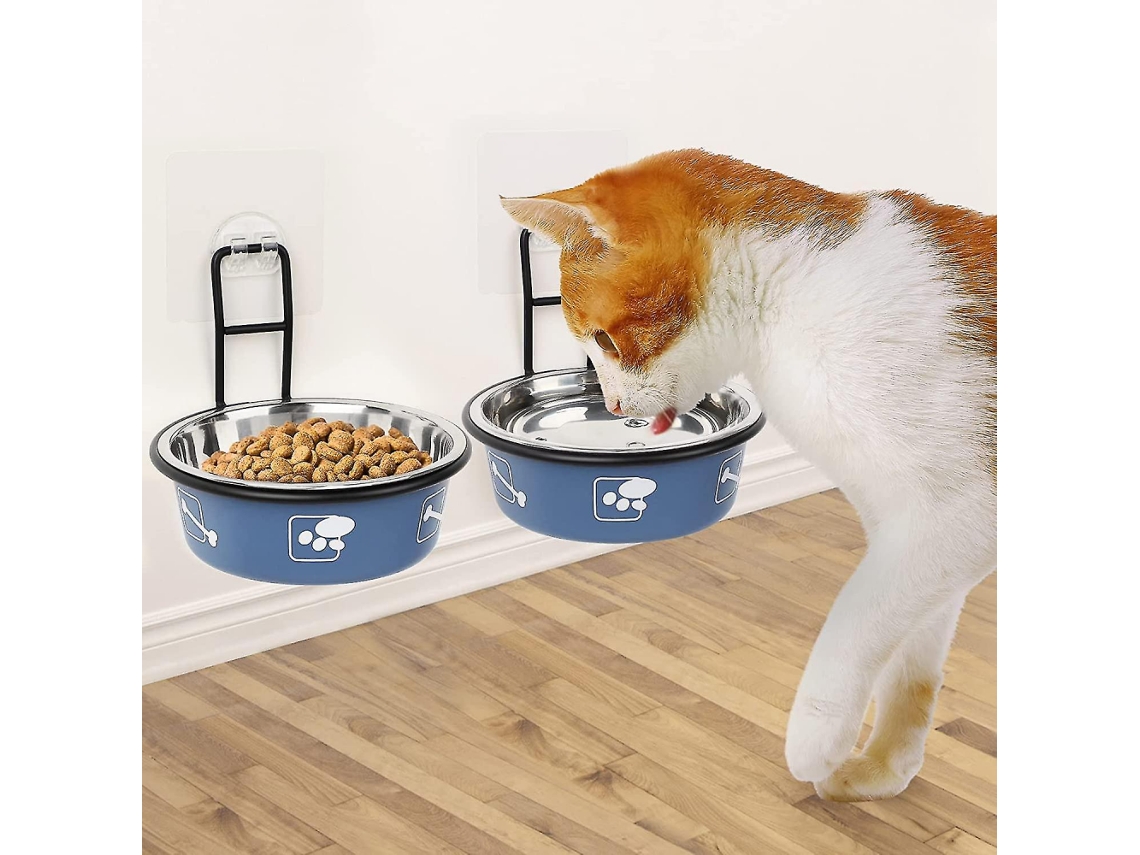 2 Unidades, Azul Comedouro Elevado para Gatos, Bandeja de Parede para Ração e Água, Elevado para Animais de Estimação em Aço Inoxidável AQUAFORGE