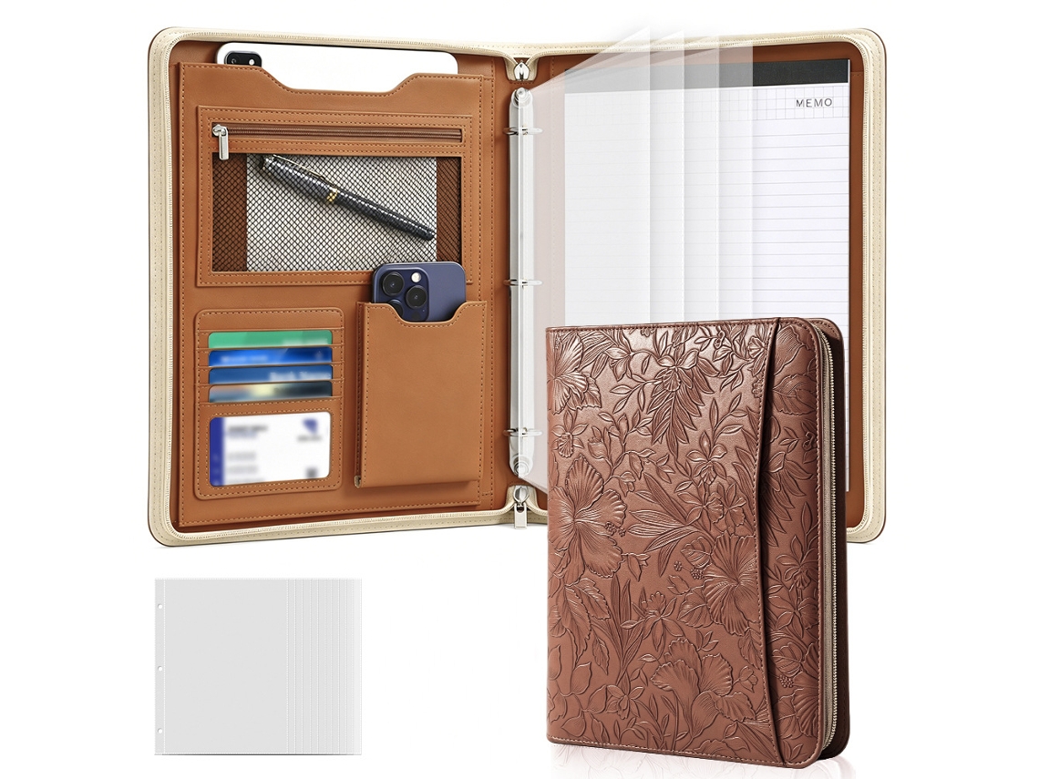 A4 Leather Zippered Executive Portfolio With Embossed Print Brown, 11-ring, Includes 10one Grid Insert Pages