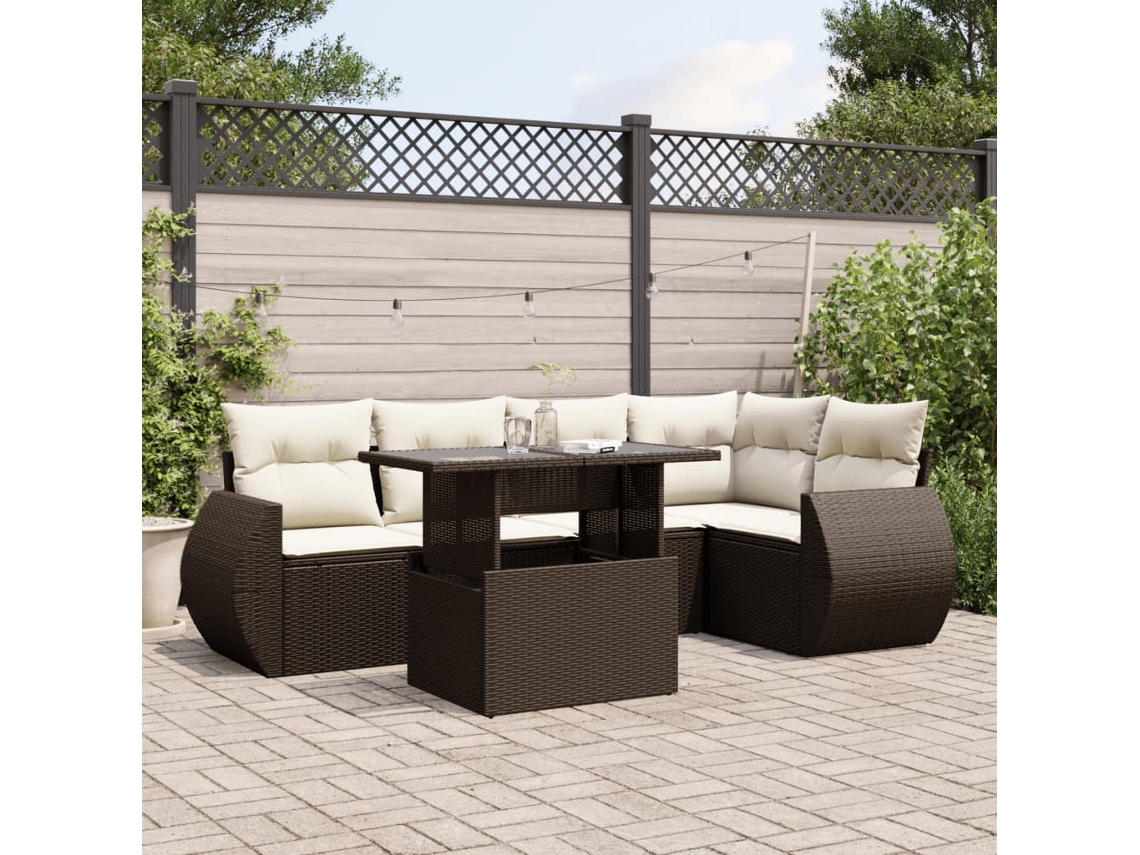 Vidaxl 6 Pcs Conjunto De Sofás Jardim C/ Almofadões Vime Pe Castanho
