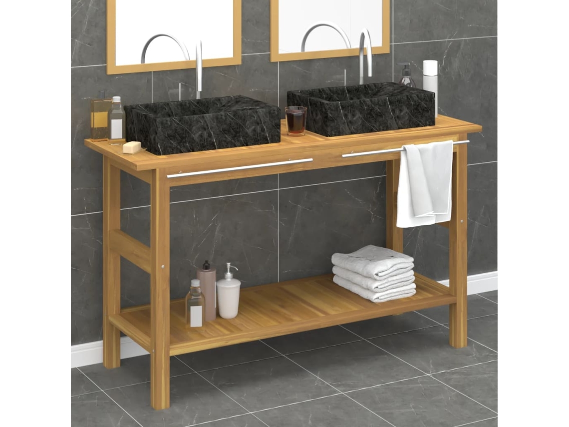 Armário de banheiro de teca maciça com pias de mármore preto DKD HOME DECOR