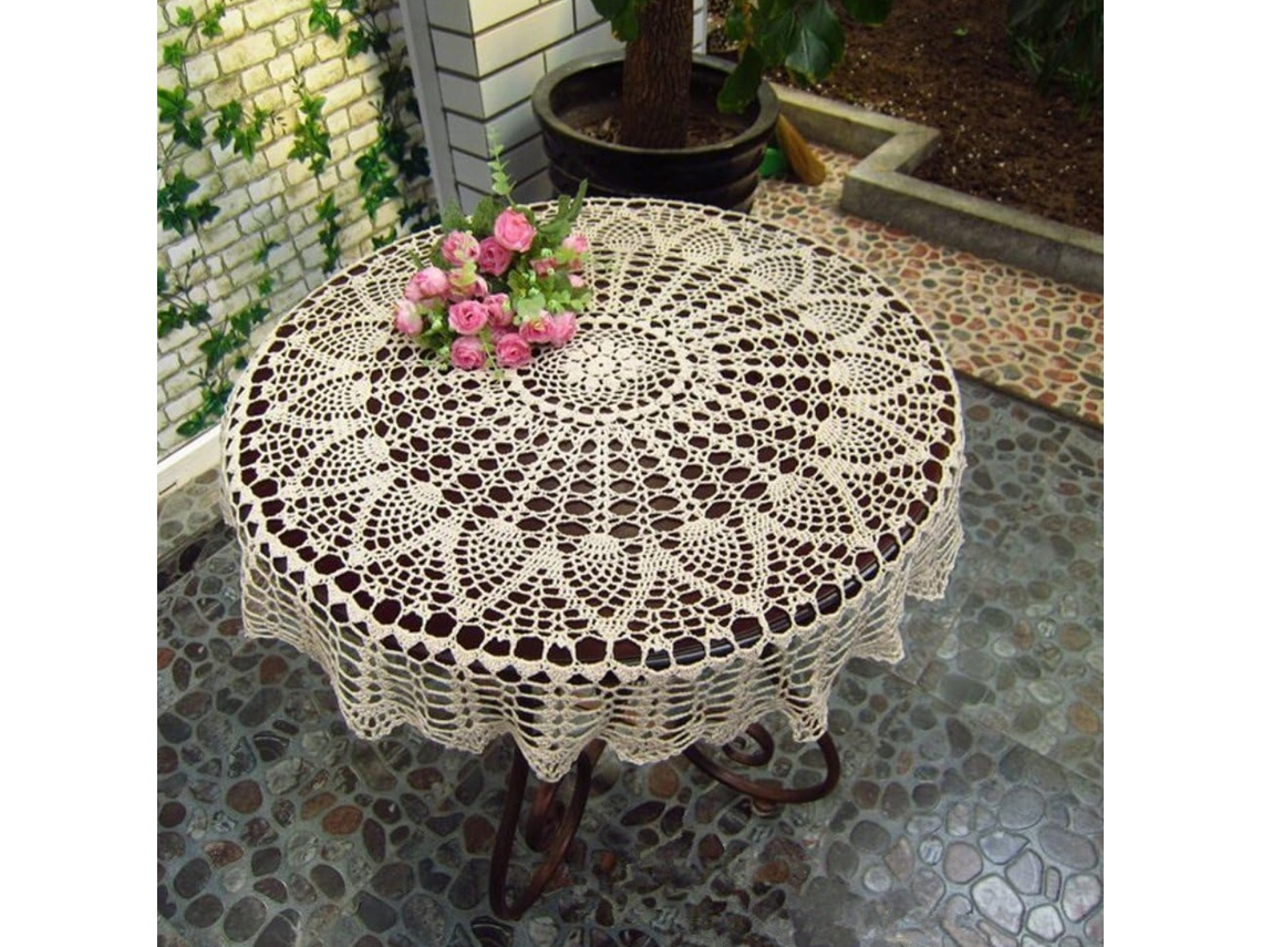 Toalha de Mesa de Crochê Feita À Mão Toalhas de Mesa de Crochê Redondas Bege Capa de Mesa Vintage de Renda 85-90 Cm