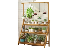 Suporte para plantas de bambu de 3 níveis, versátil para uso interno e externo, madeira natural, tamanho OEM XL