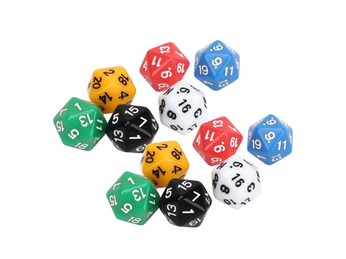 Mali conjunto de 12 Dados 20 Lados 6 Cores Plástico para Jogos de Tabuleiro e Ensino Matemático