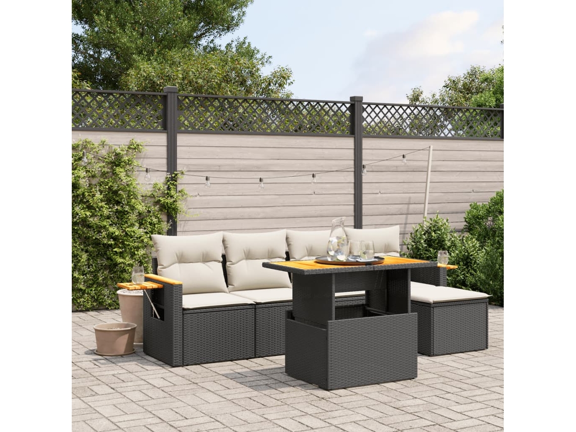 Vidaxl 6 Pcs Conjunto Sofás de Jardim C/ Almofadões Vime Pe Preto