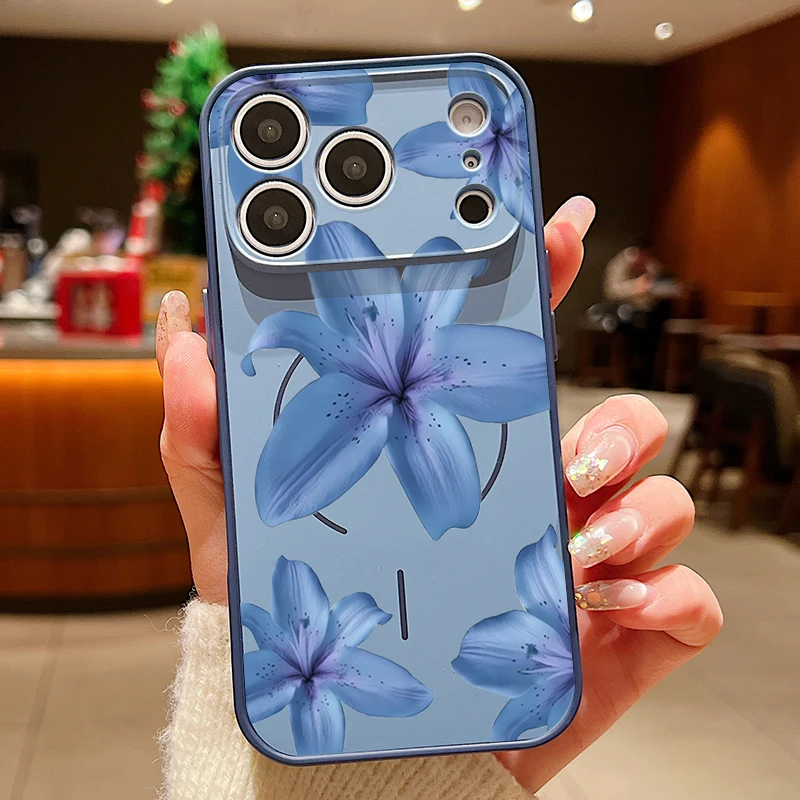Capa Magnética Para Iphone 14 Com Estampa Floral Realista (azul), Resistente A Impactos.
