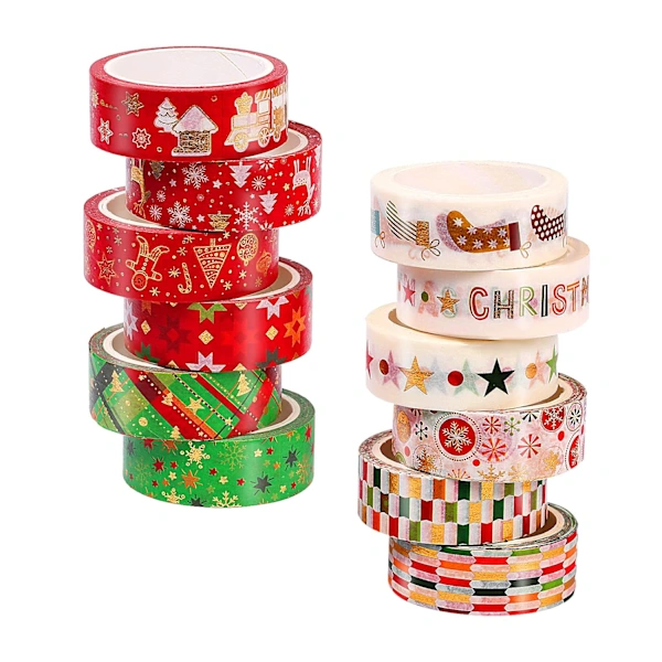 Fita Adesiva Washi, 12 Adesivos De Fita Adesiva Natalina Estilo Washi, 1,5 Cm X 5 M, Com Detalhes Em Dourado, De Natal