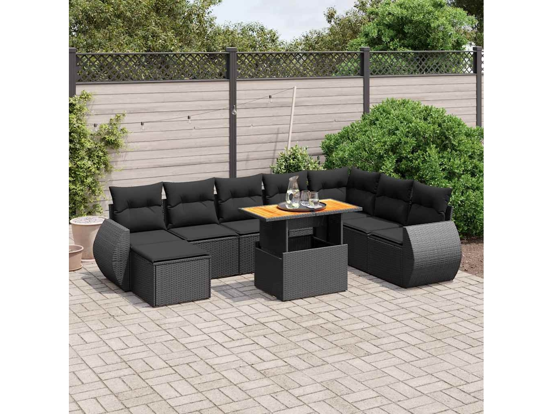 Vidaxl 9 Pcs Conjunto de Sofás P/ Jardim C/ Almofadões Vime Pe Preto