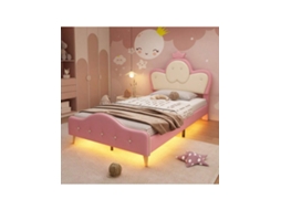 Cama Infantil Com Proteção Macia, Led Monocromático, Cabeceira Coroada E Pés Metálicos 90x200cm Rosa E Branco Liptaptyn