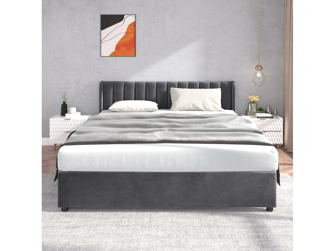 Cama Estofada 180x200 Cm, Veludo Cinzento, Arrumação E 2 Gavetas