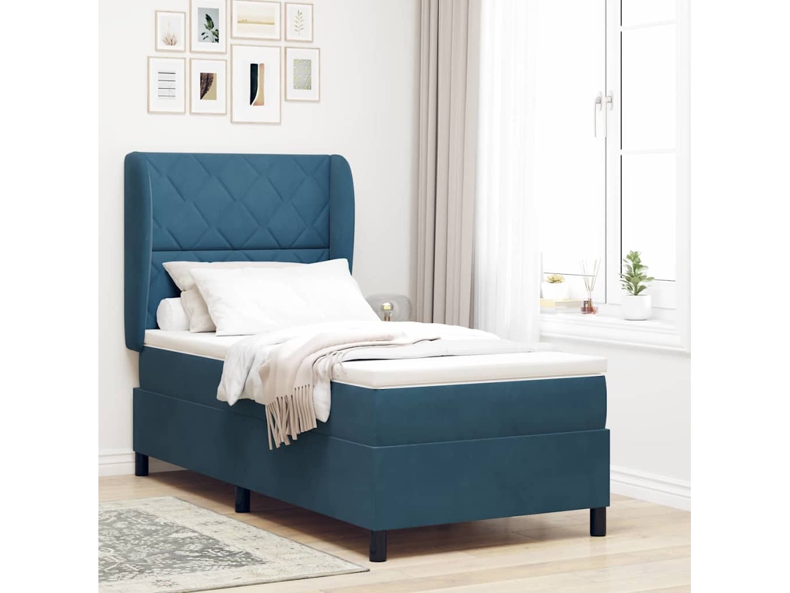Vidaxl Cama Box Com Cabeceira Manual Azul Escuro 200 X 90 Cm Veludo