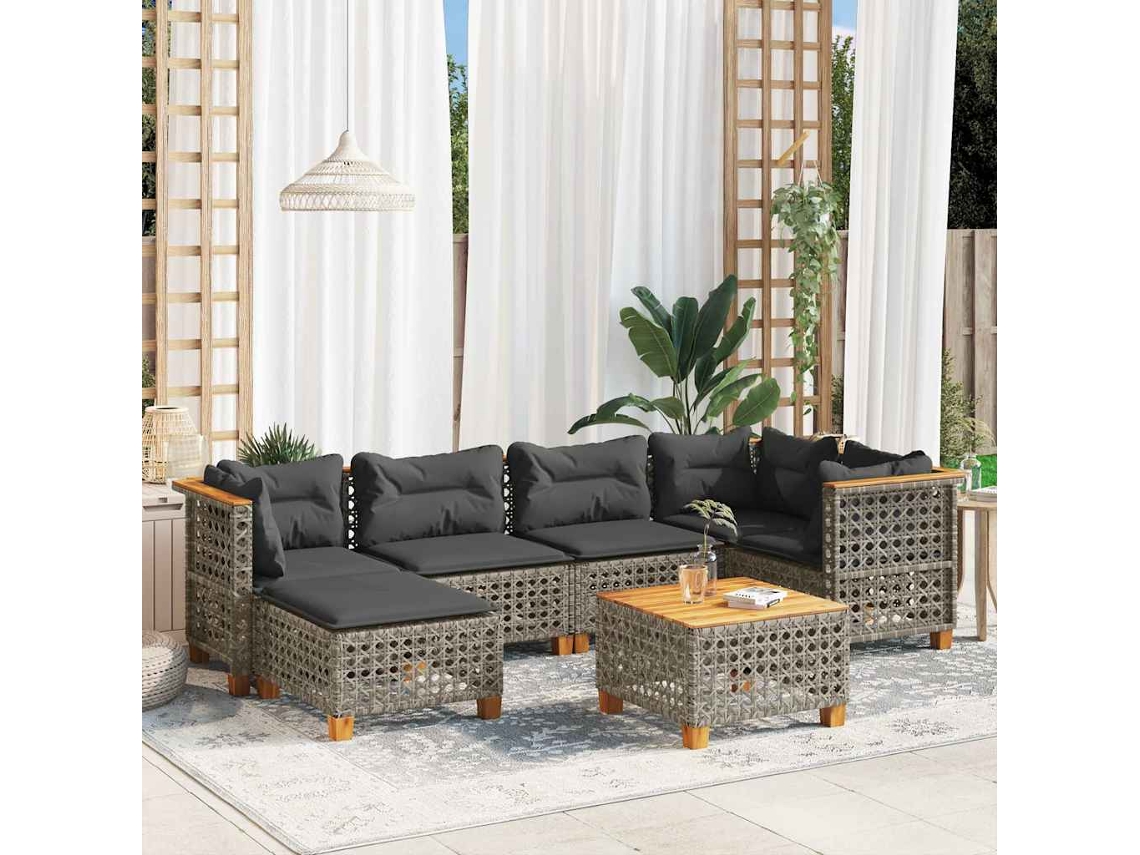 Vidaxl 7 Pcs Conjunto Sofás P/ Jardim C/ Almofadões Vime Pe Cinzento
