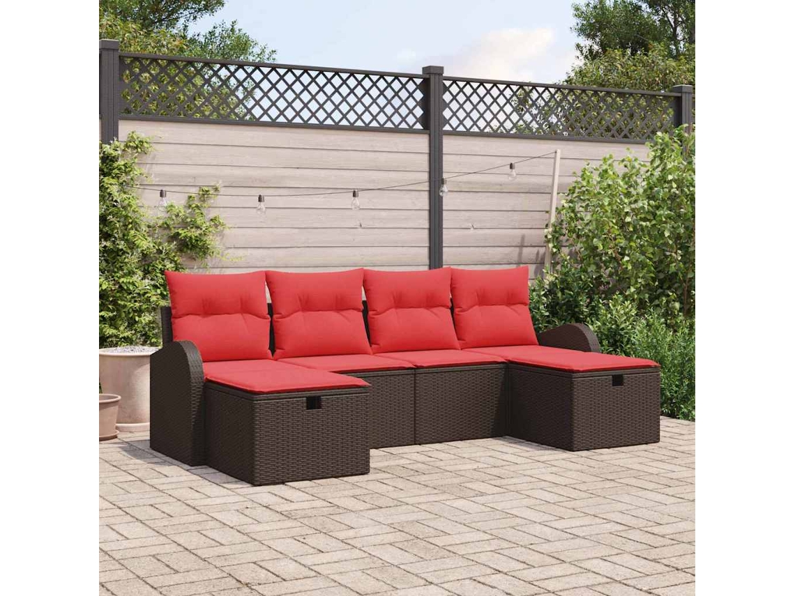 Vidaxl Conjunto De Sofás Com Almofada 6 Pcs Marrom E Vermelho Vime Pe