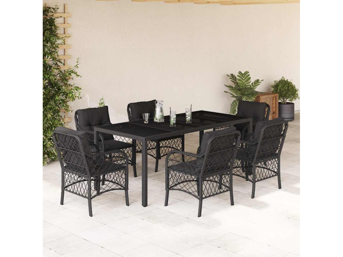 Vidaxl 7 Pcs Conjunto de Jantar P/ Jardim C/ Almofadões Vime Pe Preto