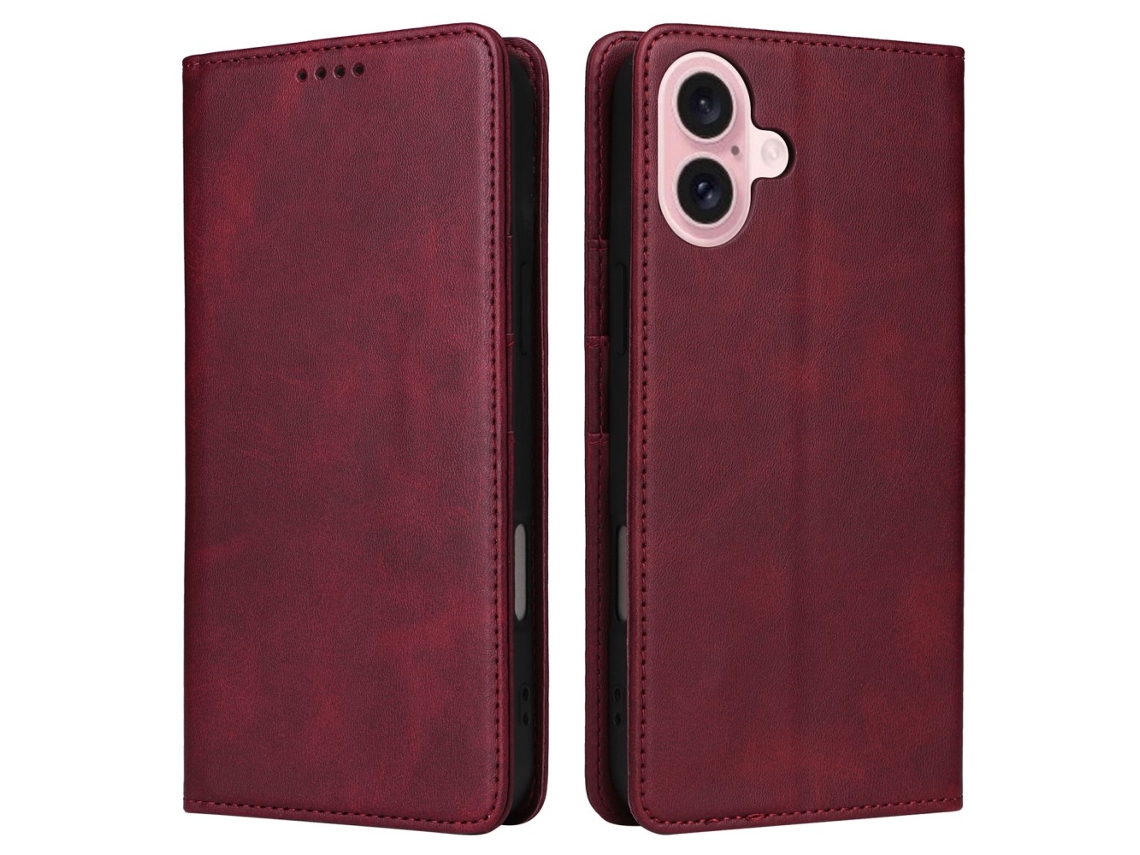 Capa Em Couro Pu Magnético, Bloqueio Rfid Para Apple Iphone 16 - Vinho Tinto