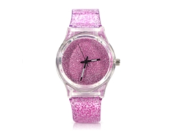 Relógio de Pulso Feminino de Quartzo com Correia de Plástico Rosa e Pó Brilhante
