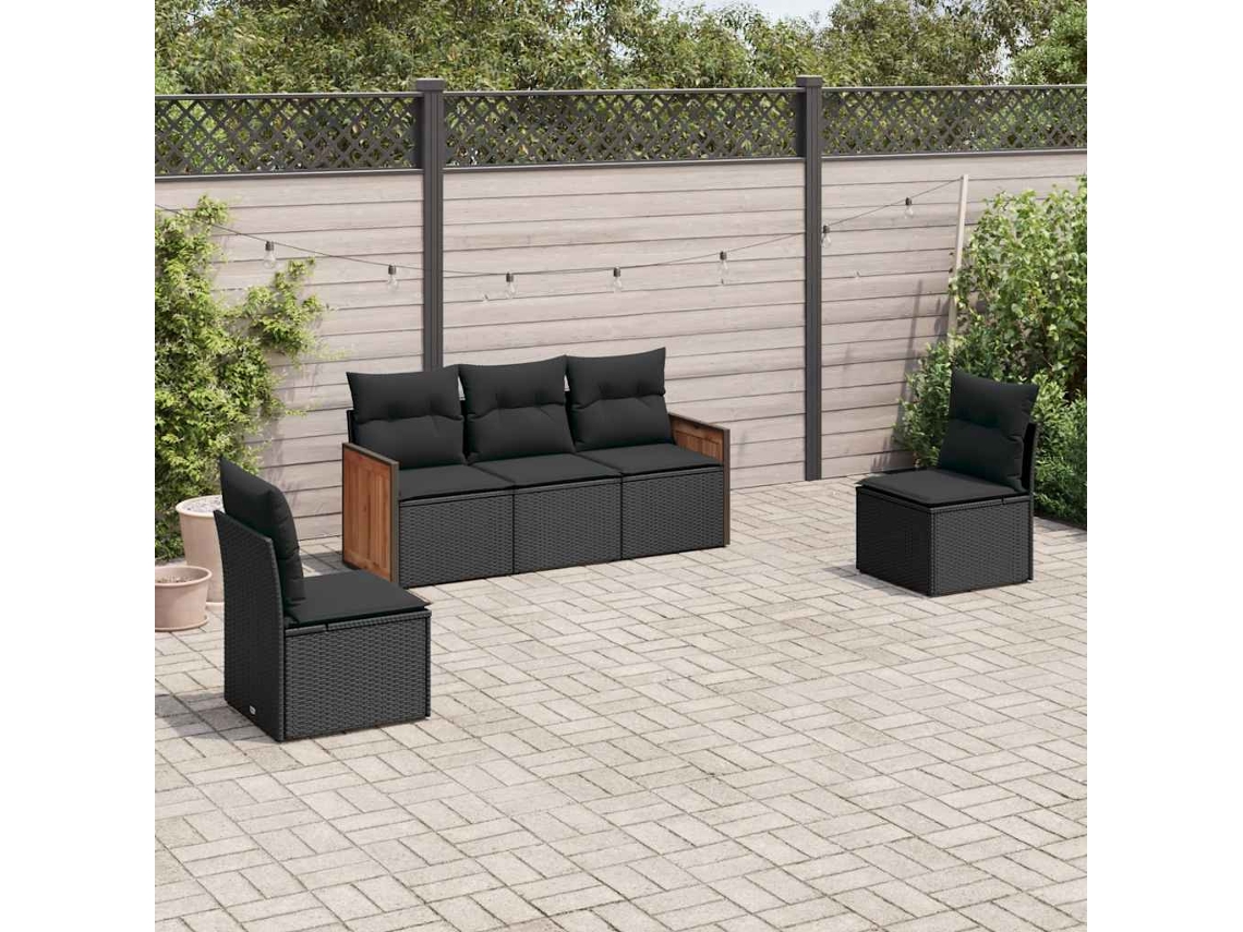 Vidaxl 5 Pcs Conjunto Sofás De Jardim Com Almofadões Vime Pe Preto