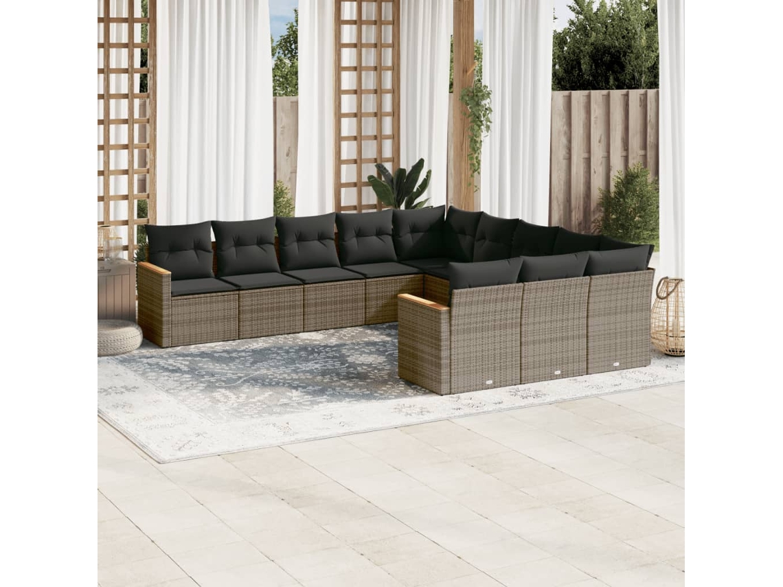Vidaxl 11 Pcs Conjunto Sofás De Jardim C/ Almofadões Vime Pe Cinzento