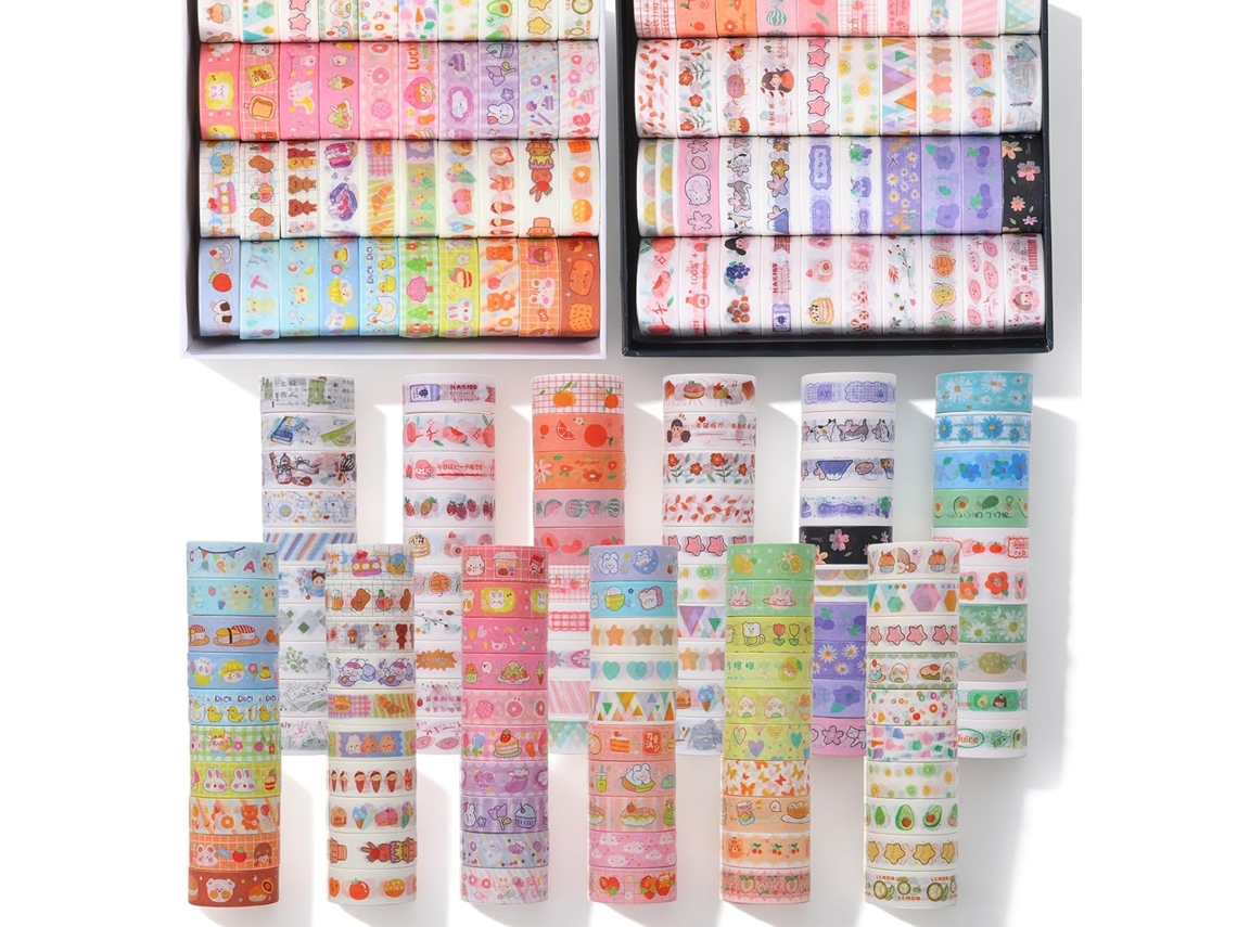Conjunto de 120 rolos de washi tape, rolos adesivos decorativos para materiais de diário, scrapbooking, artesanato e projetos.