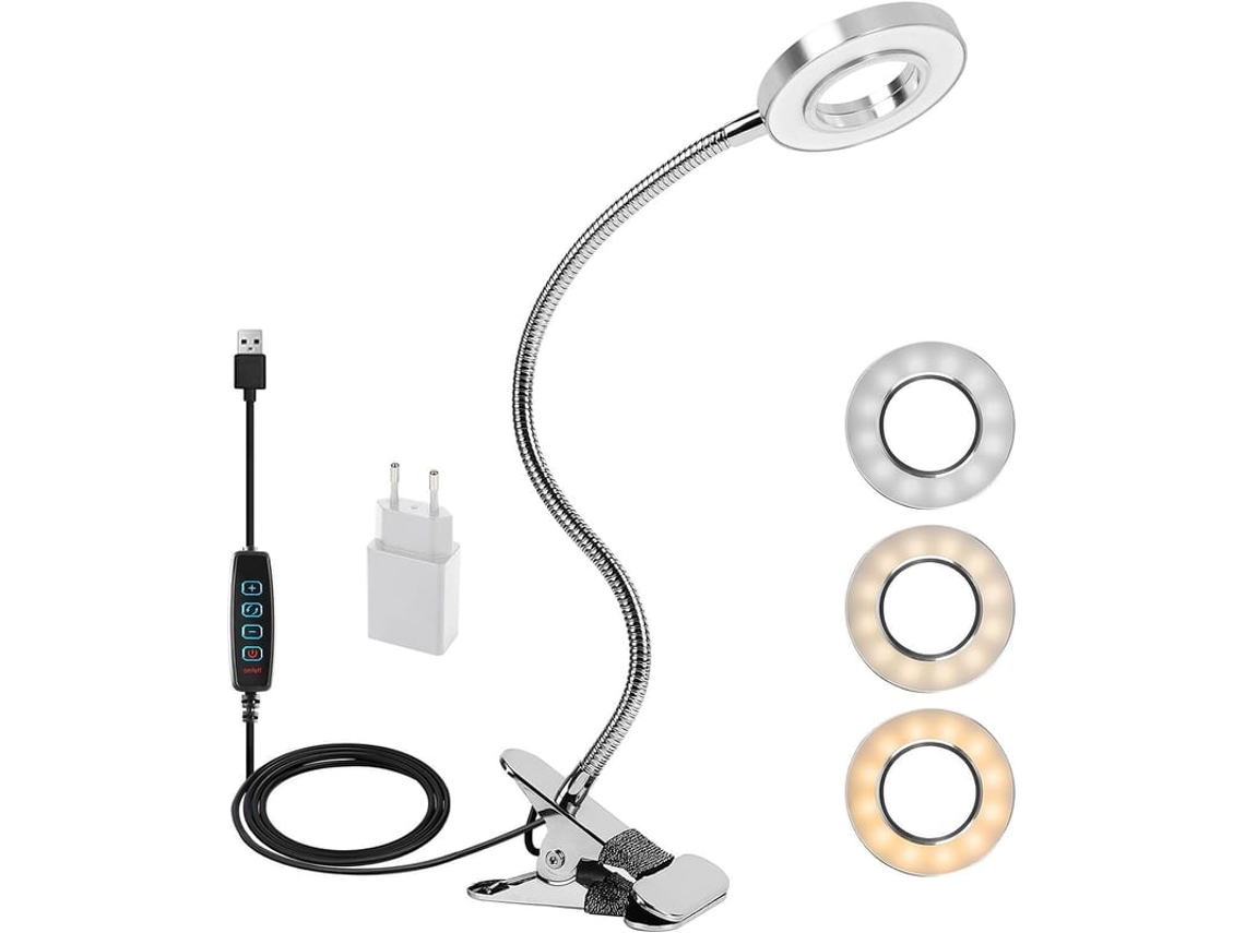 Luz De Clip Led Flexível 360°, 3 Modos E 10 Níveis De Iluminação - 12w Prata Para Quartos, Escritórios