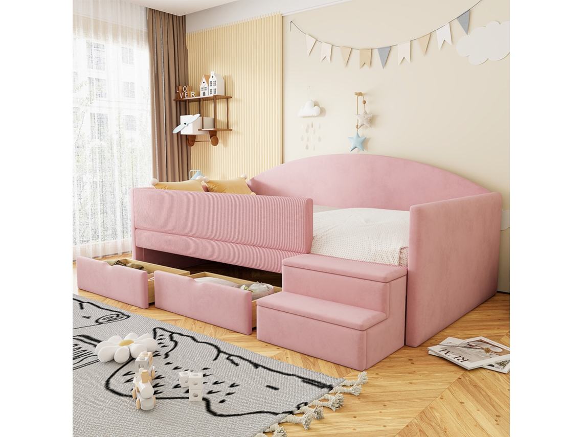 Cama Estofada Rosa 90x190 Cm Com 2 Gavetas E Grades, Samt, Sem Colchão