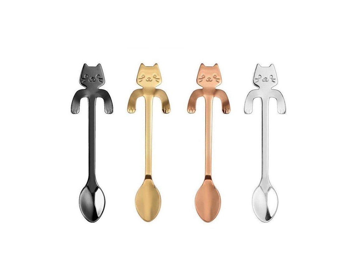Conjunto de 4 colheres Linjou com design de gatinho, em aço inoxidável 304, para café, chá e sobremesas.