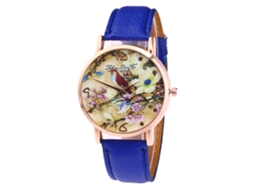 Relógio de pulso Zhoulianfa azul com quartzo, pulseira de PU e estampa de flores e pássaros.