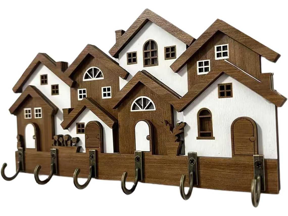 Gancho Decorativo De Parede Pangboer Em Madeira 3d Com Formato Casa Europeia Para Chaves E Pequenos Objetos