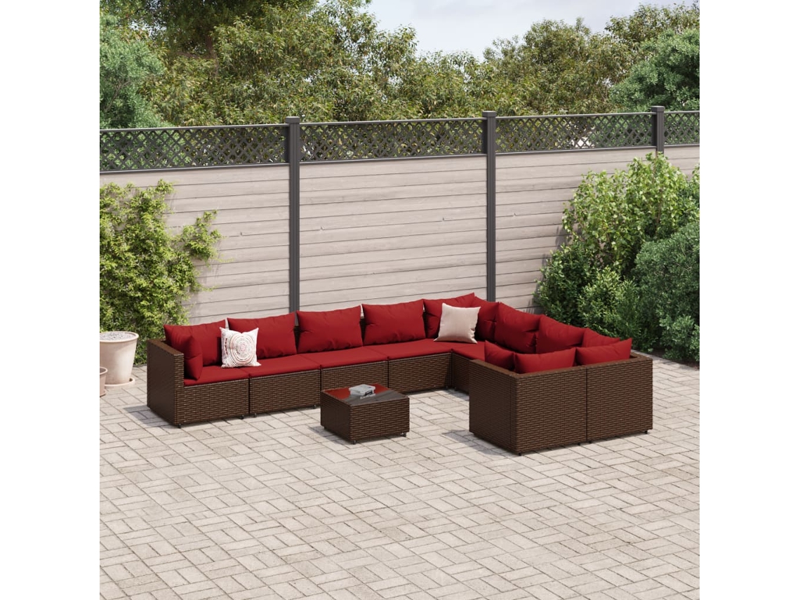 Vidaxl 10 Pcs Conj. Sofás Jardim Com Almofadões Vime Pe Castanho