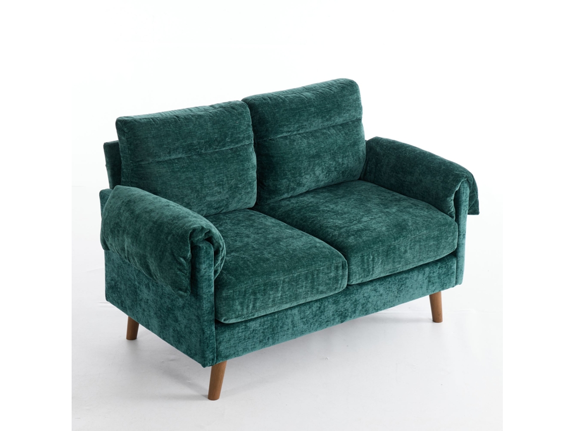 Sofá compacto de chenille para 2 pessoas, estilo meados do século XX, em tecido liso, com almofadas reclináveis, perfeito para sala de estar e quarto, verde esmeralda.