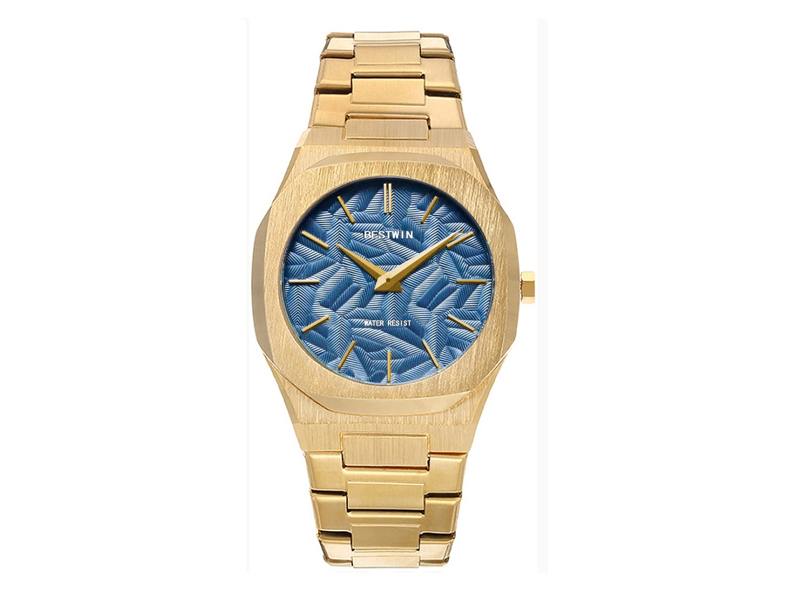 Relógio de Quartzo Masculino com Folhas em Relevo. MDUG (azul Celeste Dourado)