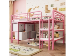Cama Metal 90x200cm, Armazenamento, Escada Larga Cantos Arredondados. Quarto Infantil Rosa. Cs
