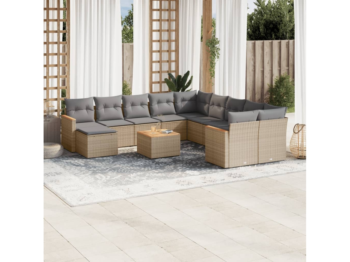 12 Pcs Conj. Sofás Jardim C/ Almofadões Vime Pe Bege Misturado Dkd Home Decor