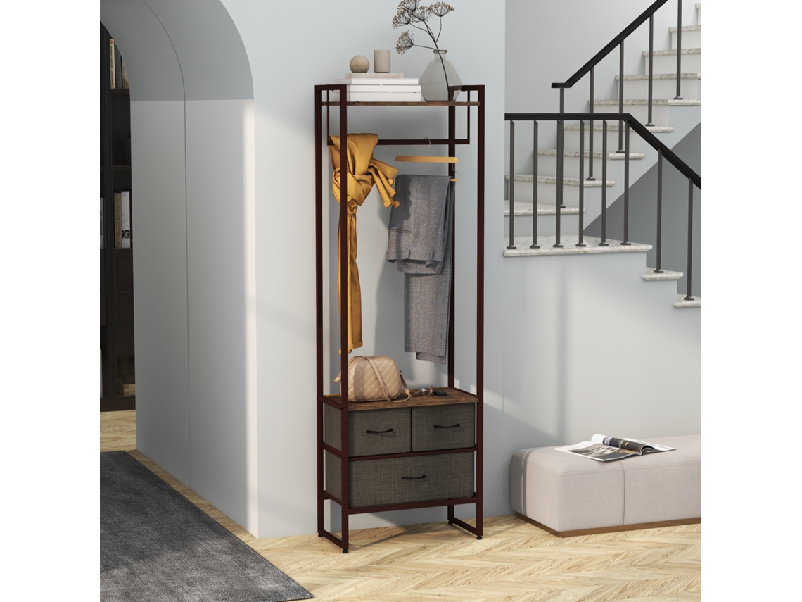 Appendiabiti Da Terra Con Asta, 3 Cassetti E Ripiani, In Legno Mdf E Acciaio, 58.5x30x178 Cm, Marrone