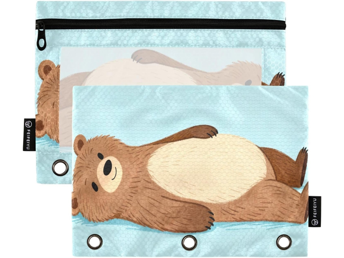 Suporte Bicicleta Com Estampa De Urso Marrom, Estojo Transparente Lápis, Janela Transparente E Ilhós, 3 Compartimentos