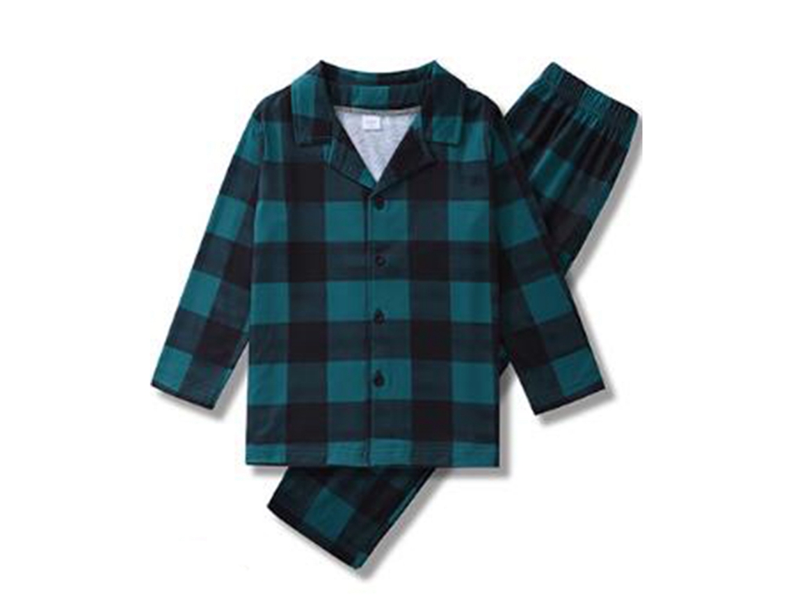 Pijamas Navideños Para Niño 4-5y Con Cuello Bajo, Mangas Largas Y Estampado De Cuadrícula Verde Oscuro