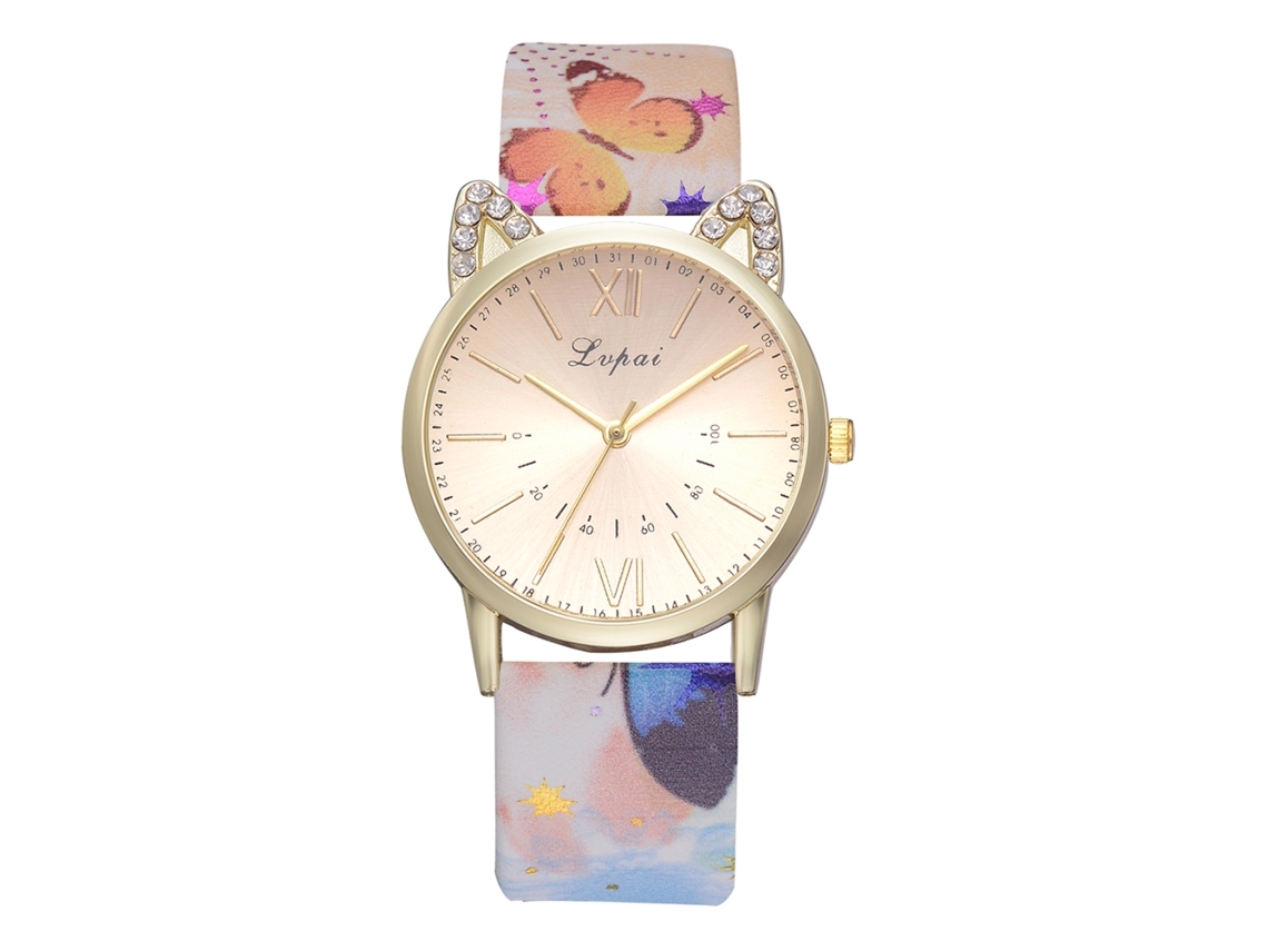 Relógio de Pulso Feminino de Quartzo com Pulseira de Couro Pu Estampa Floral Moda