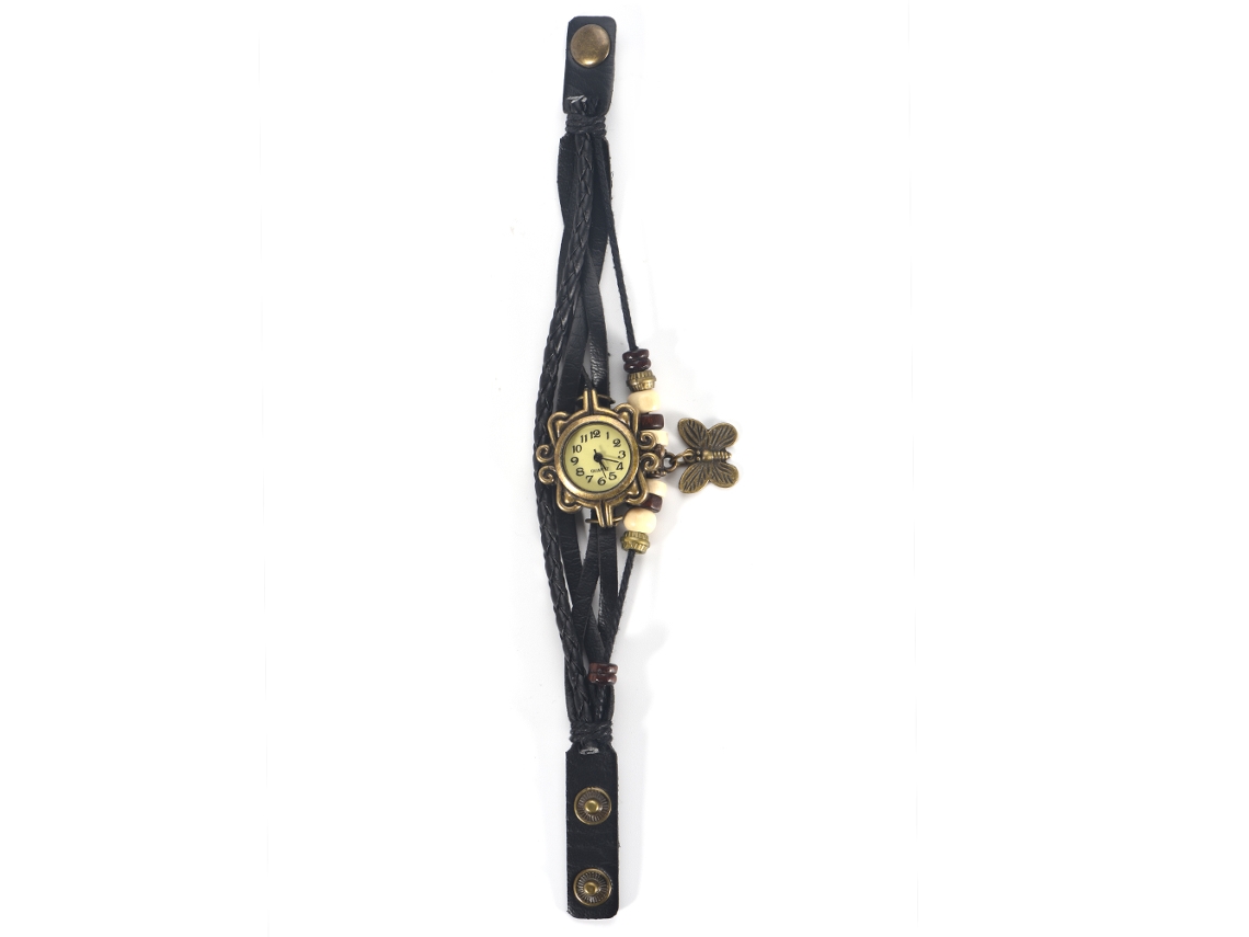 Relógio Feminino de Pulso Analógico Quartzo Pulseira Trançada Pu com Pingente Borboleta