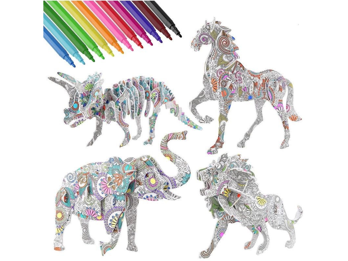 2026 kit de Colorear Rompecabezas 3d Con 4 Animales Y 12 Rotuladores para Niños de 8 a 12 Años.