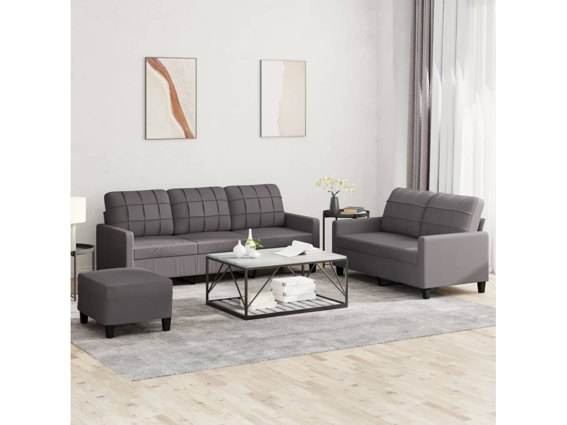 Vidaxl 3 Pcs Conjunto De Sofás C/ Almofadões Couro Artificial Cinzento