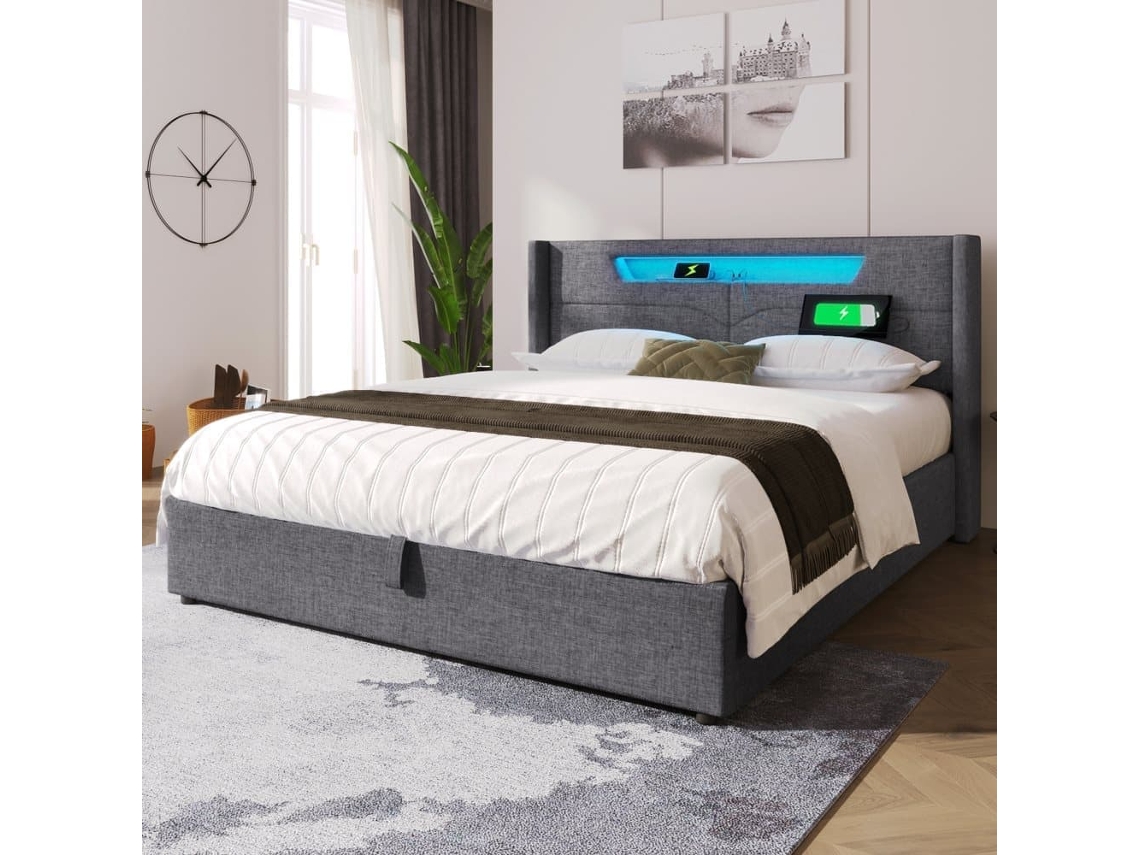 Cama Estofada 140x200 - Com Função De Carregamento Usb Tipo C E Luz Led - Bege
