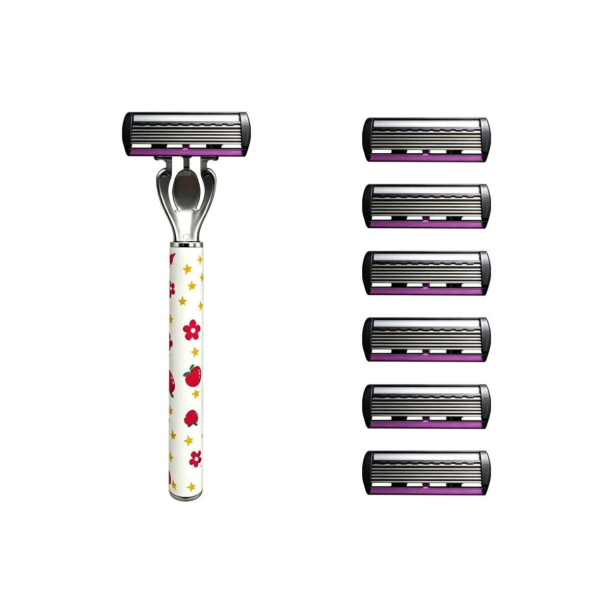 Aparelho De Barbear Manual Com Padrão De Morango, 6 Lâminas De Precisão E Cabeça Substituível.