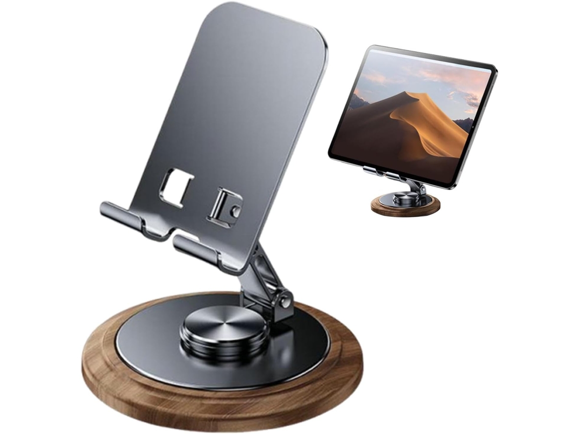 Suporte Ajustável Para Celular Em Metal Com Base De Madeira Giratório 360 Graus, Ideal Para Escritório, Biblioteca