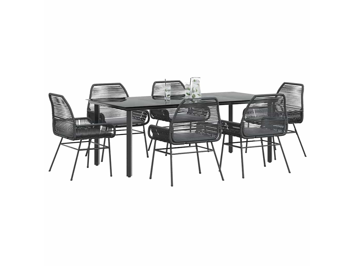 Vidaxl Conjunto De Jantar Jardim 7 Peças Almofadas Vidro Vime Pe Preto