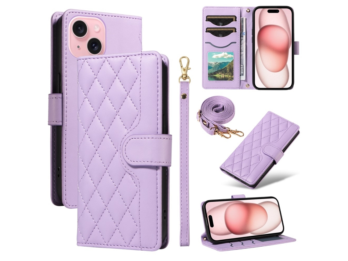 Capa Pega Para Iphone 15 Pele Sintética Com Porta-cartões Roxo