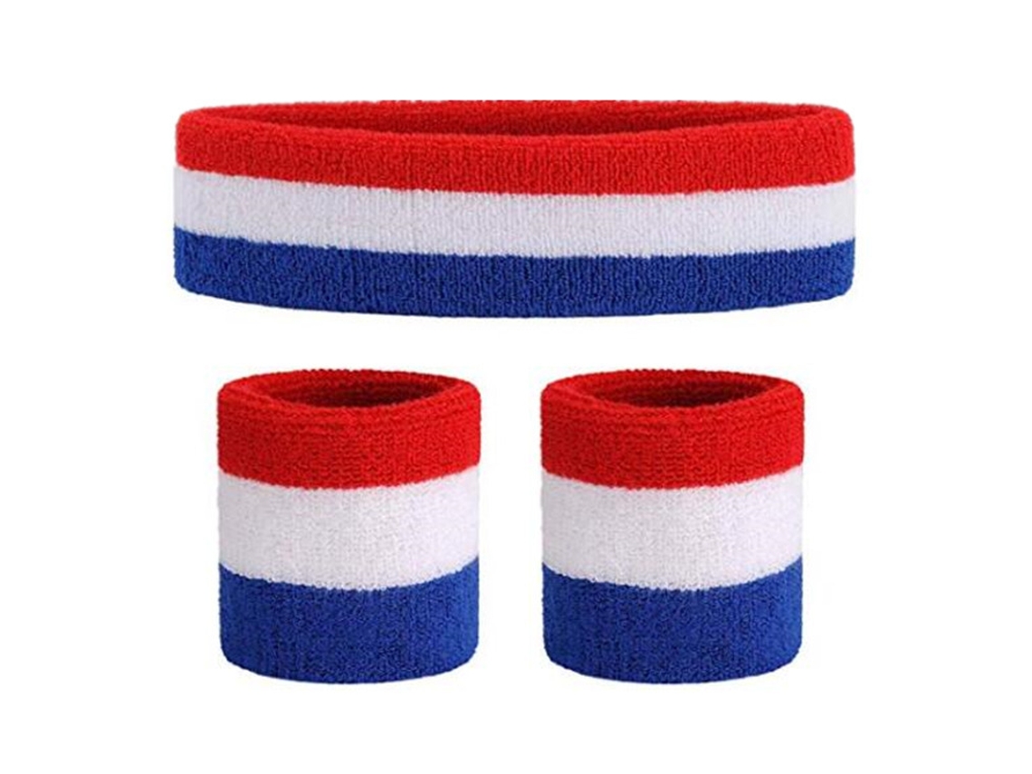 Conjunto de Pulseira Esportiva, Tiara e Munhequeira (vermelho, Branco, Azul) - Algodão-aquaforge
