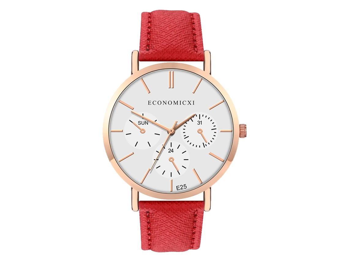 Relógio de Pulso Feminino Fashion Simples com Pulseira Pu e Mostrador de Quartzo Vermelho