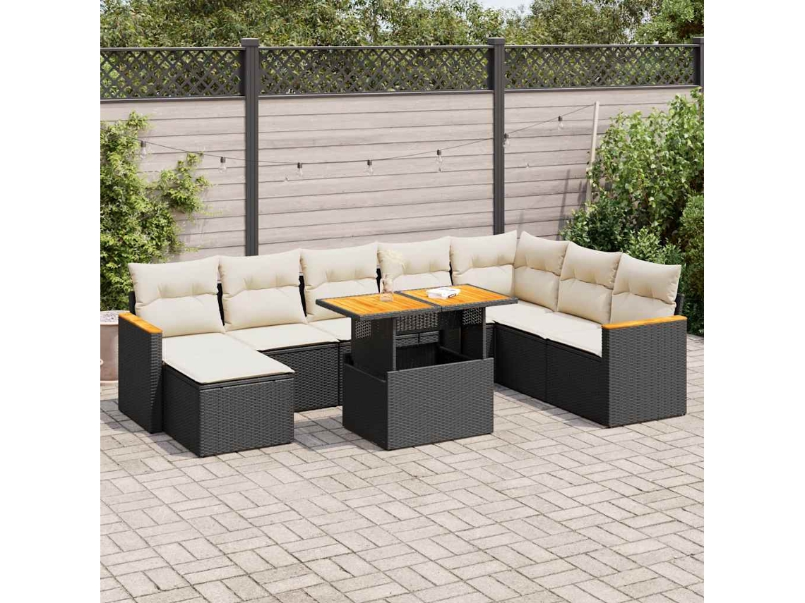 Vidaxl 9 Pcs Conjunto Sofás P/ Jardim Almofadões Vime Pe/acácia Preto