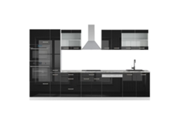 Cozinha R-Line, 350 cm com armário alto, sem bancada, Preto brilhante/Branco, Vicco