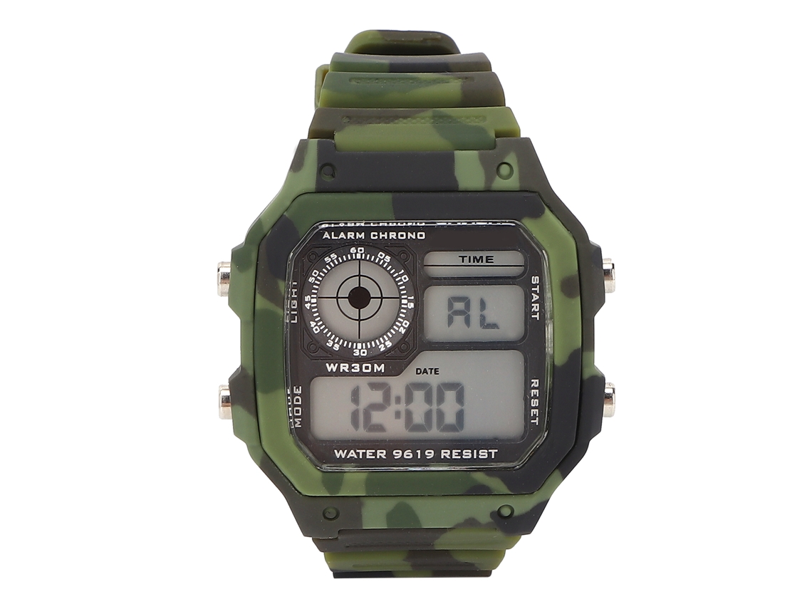 Relógio eletrônico esportivo masculino camuflado com luz LED, à prova d'água.